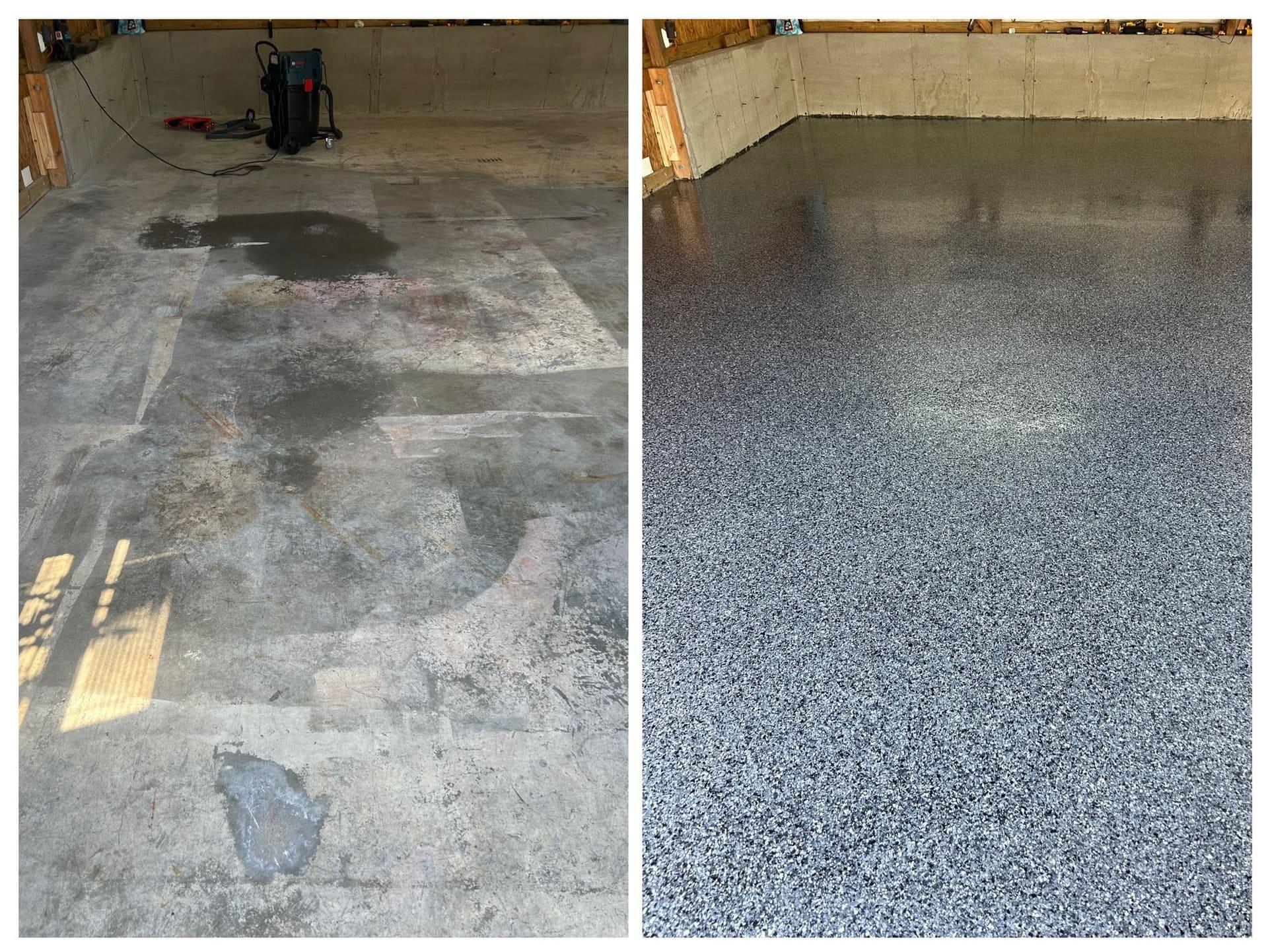 Side-by-side before and after concrete coating comparison on the same garage floor